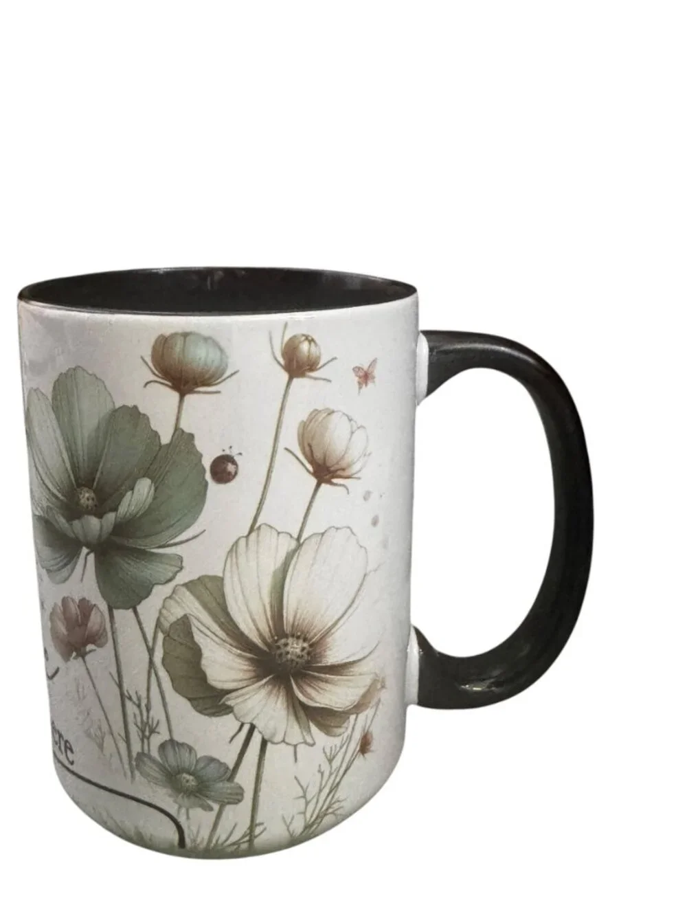 Love Grows Here Floral Ceramic Coffee Mug, Black Interior